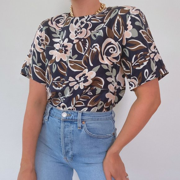 Vintage Silk Floral Short Sleeve Blouse Navy - Picture 4 of 8
